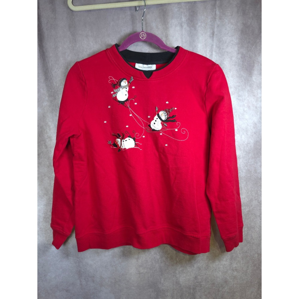 Breckenridge Womens Red Snowman Sledding Christmas Holiday Sweatshirt Top M